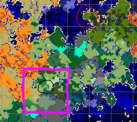 A map of my seed. There is a jungle biome with a beach Northeast from my base!