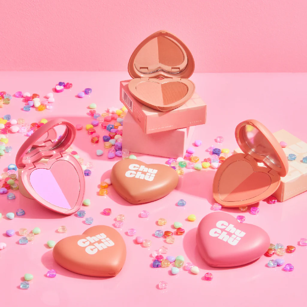 image: Another promotional image for the Heart Blush Duo by Chu Chu Beauty presenting the first three initial shades.